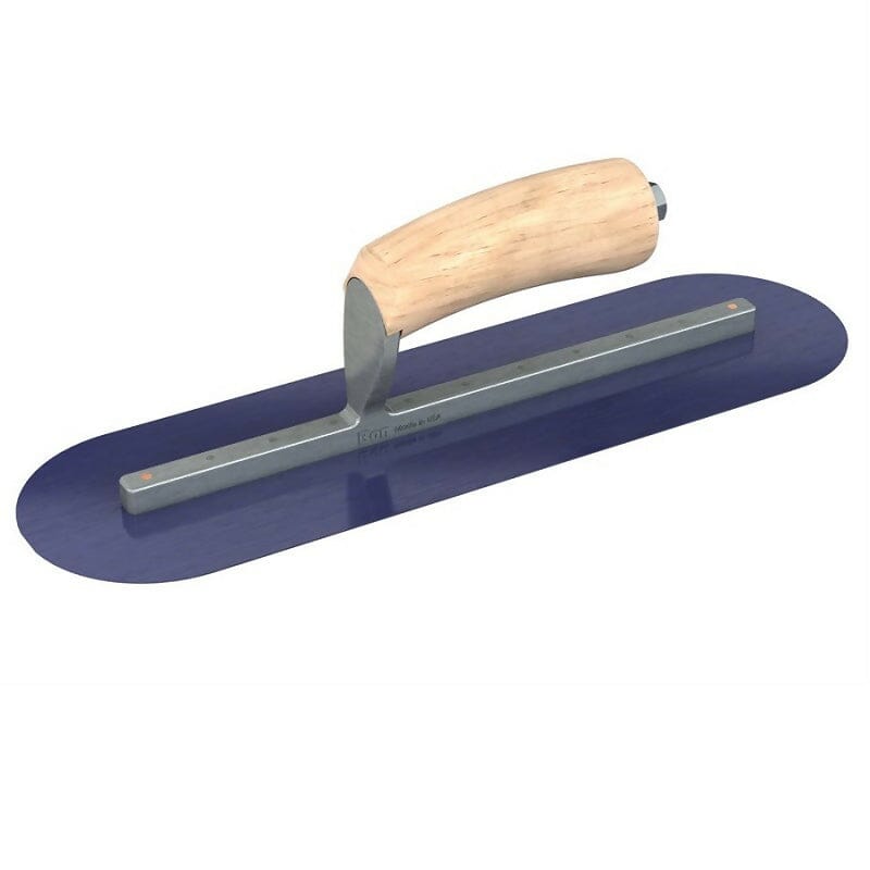 Blue Steel Finishing Trowel - Round End - Camel Back Wood Handle Bon Tool 14" x 4"