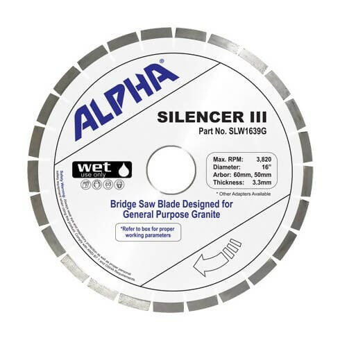 Silencer III Blade for Granite - Premium Bridge Saw Blade Alpha Professional Tools 16" - Granite