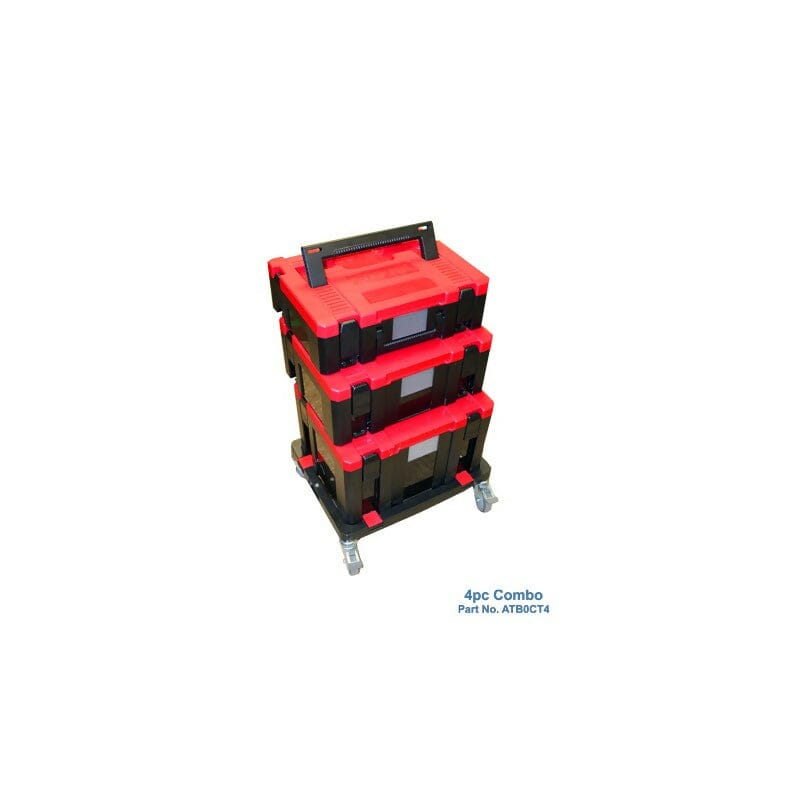 Stackable Tool Boxes by Alpha Alpha Professional Tools 4 Piece Combo (1 small + 1 medium + 1 large + 4 wheel dolly) 