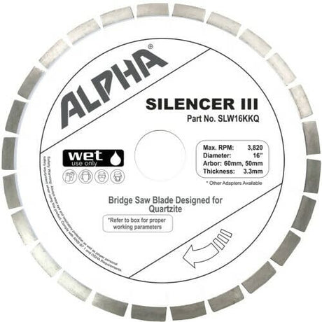 Silencer III Blade for Quartzite - Premium Bridge Saw Blade Alpha Professional Tools 16" 