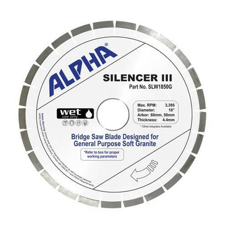 Silencer III Blade for Granite - Premium Bridge Saw Blade Alpha Professional Tools 18" - Soft Granite 