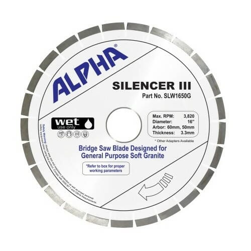 Silencer III Blade for Granite - Premium Bridge Saw Blade Alpha Professional Tools 16" - Soft Granite 